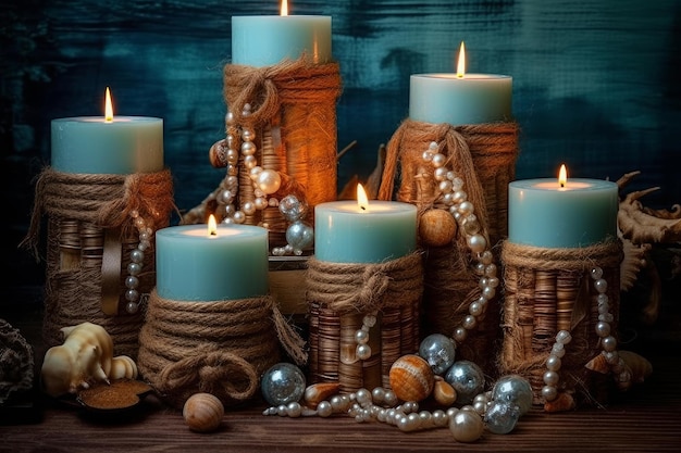 A candle with a rope around it and a bunch of candles on the table.