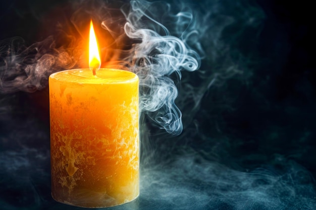Candle with smoke around it and spark of light
