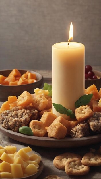 Candle with snacks beside
