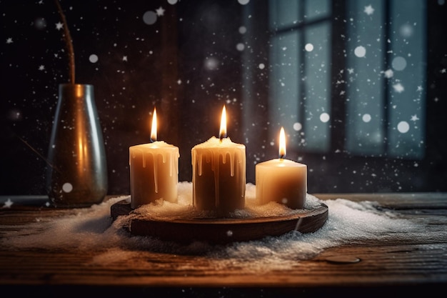 A candle with a snow falling on it