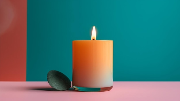 A candle with a spoon on a pink background