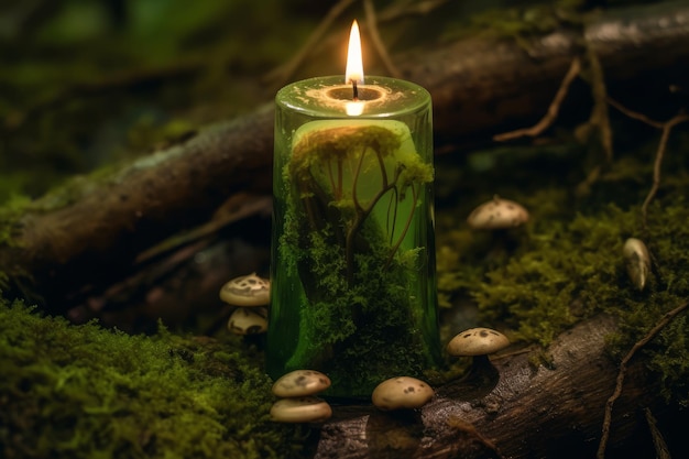 A candle with a tree on it