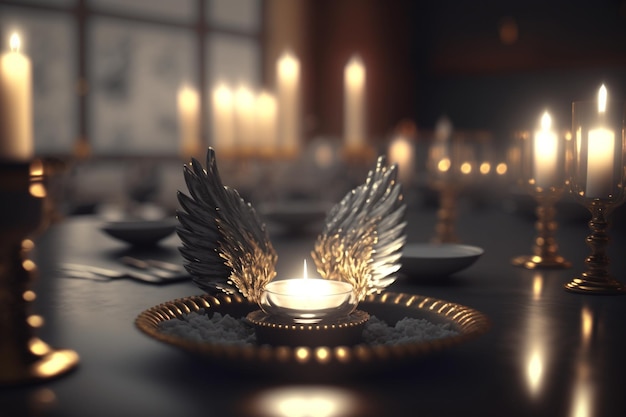 A candle with wings on it sits on a table in a restaurant.