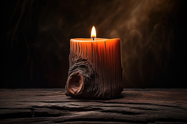 A candle on a wood surface