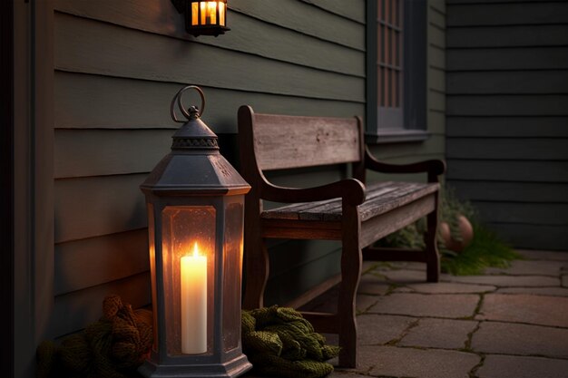 candle on wooden bench at entrance to wooden farmhouse3d rendering 3d illustraion copy space