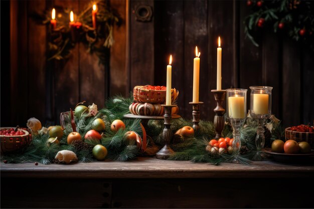 写真 ろうそくの光がテーブルの上にある田舎風のクリスマス装飾を照らす