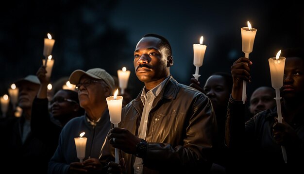 Foto veglia a lume di candela con diverse persone che tengono candele e foto di mlk