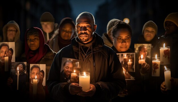 Photo candlelight vigil with diverse individuals holding candles and photos of mlk