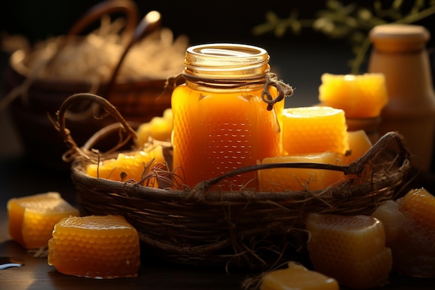 Candlelit backdrop highlights a basket overflowing with sweet honey jars