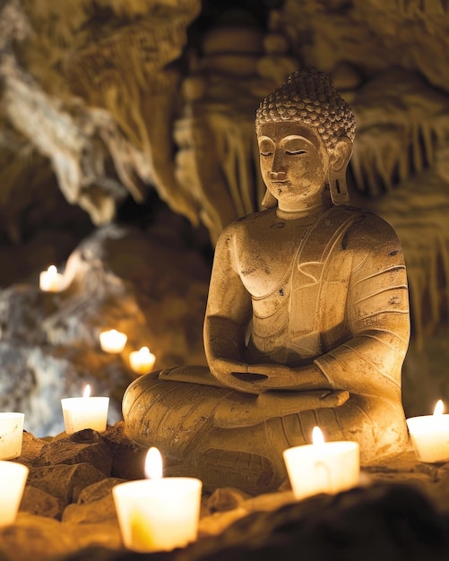 洞窟の聖域にあるろうそく照らされた仏像