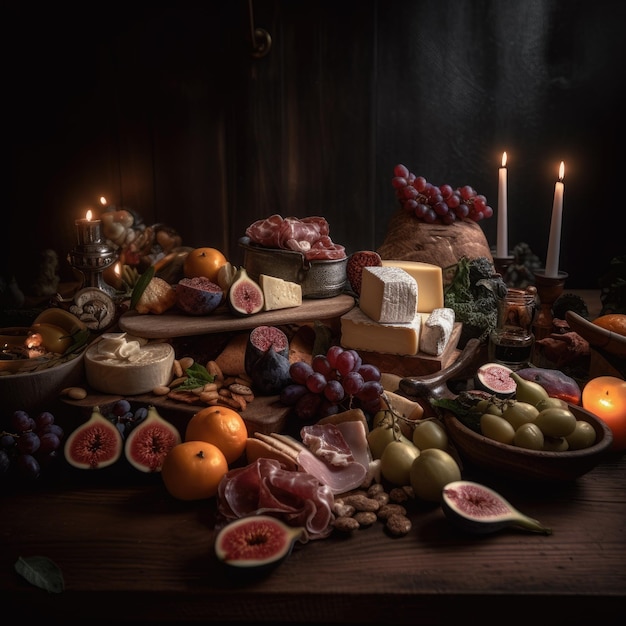 Candlelit Charcuterie Board with Assorted Foods Generative Ai