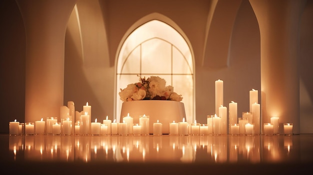 A candlelit church interior radiates