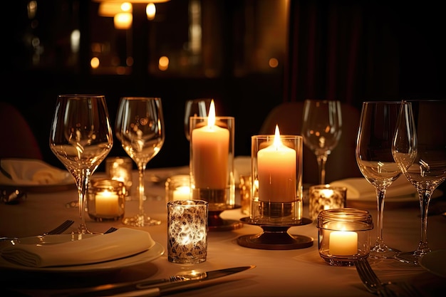 Candlelit dining experience with plates and glasses surrounded by a warm glow