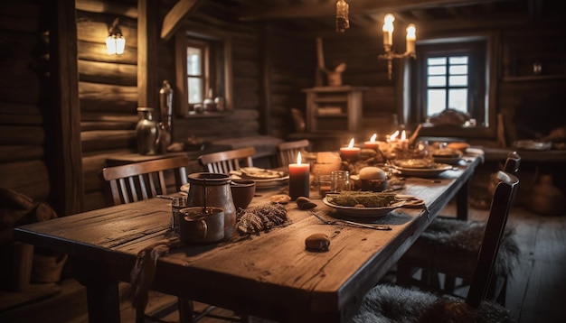 Фото Ужин при свечах на деревенском деревянном столе, светящемся теплом, созданным ии