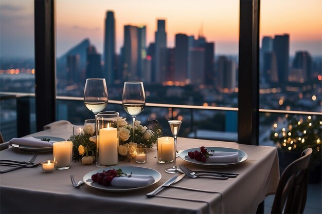 Foto una cena alla luce delle candele su un tetto