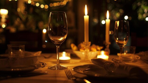 Foto una cena a lume di candela completa di un tavolo romantico per due segna il punto in cui la coppia