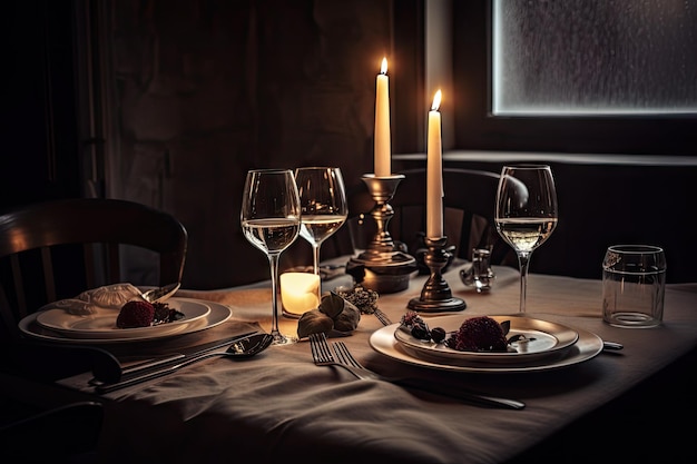 Candlelit dinner for two with glasses of wine and silverware on the table