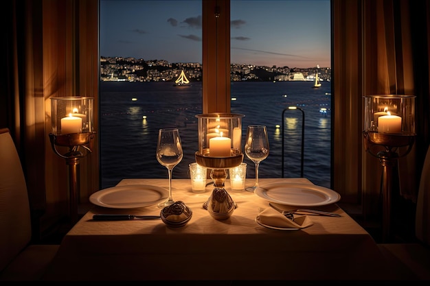 Candlelit dinner for two with view of sparkling water