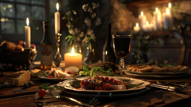 Foto cena a lume di candela per due con vino, formaggio e pane su un tavolo di legno