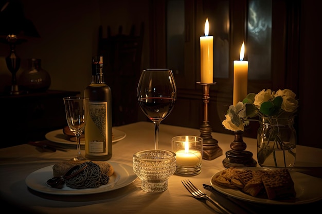 Candlelit dinner with a bottle of wine and glasses on the table