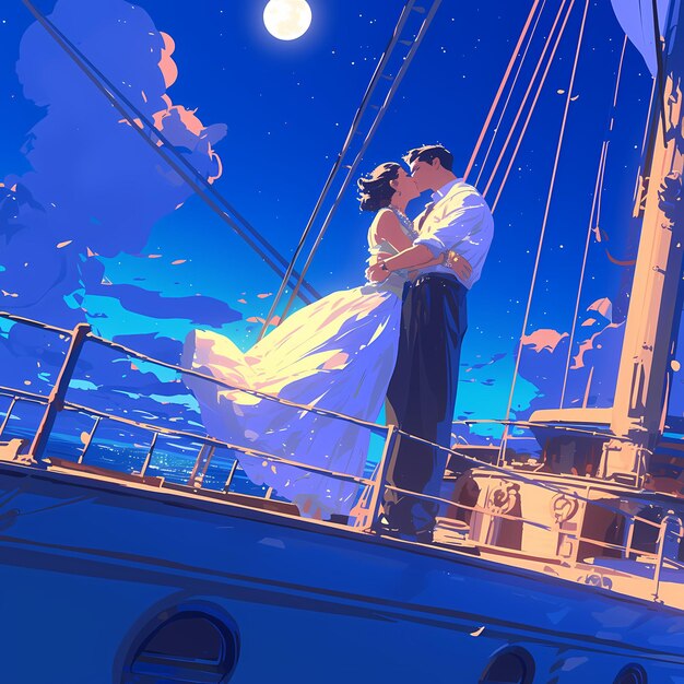 Photo candlelit kiss on moonlit deck