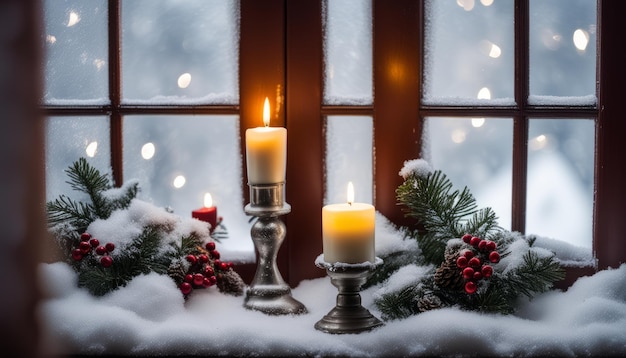 A candlelit window display with snowy surroundings