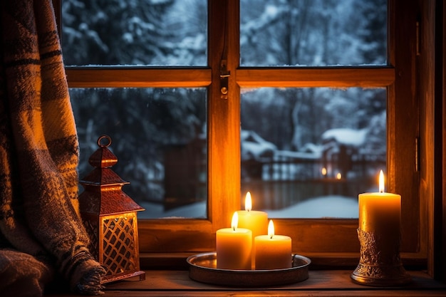 A candlelit window in a snow covered house