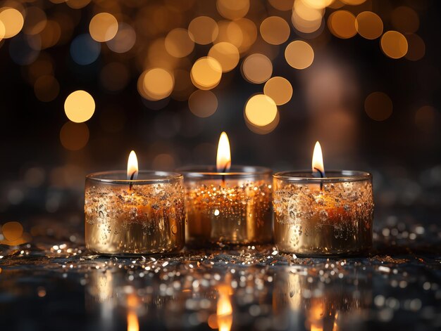 Candles on abstract black background with blurry lights Generative AI