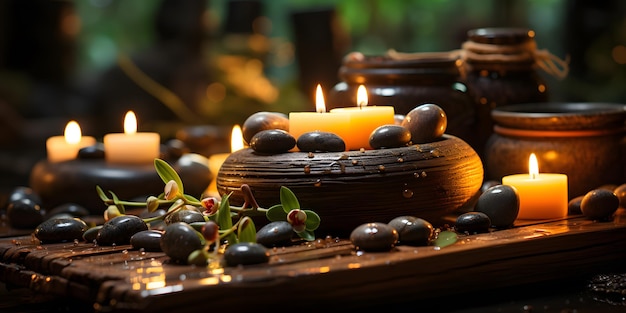 candles are lit in a bowl with black stones and green leaves Generative AI