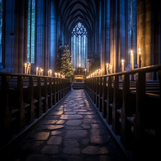 candles are lit in a church at night