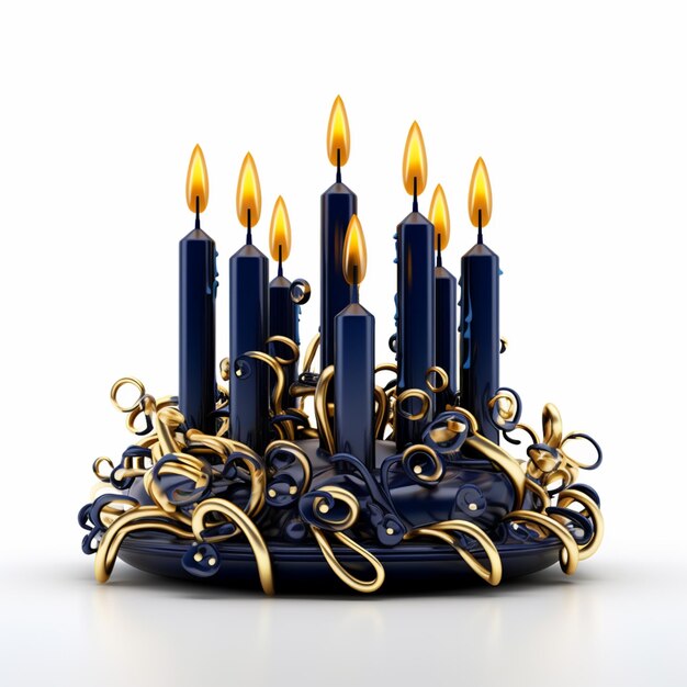 Photo candles are lit in a decorative blue and gold candle holder generative ai