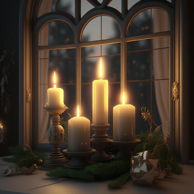 candles are lit in front of a window with a christmas wreath generative ai