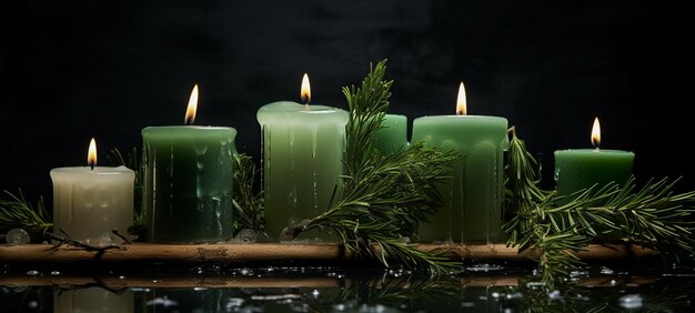 candles are lit and surrounded by evergreen branches and ice generative ai