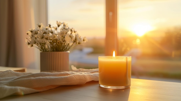 Свечи зажжены на столе с вазой с цветами.
