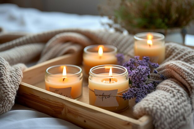 candles are lit on a tray with a blanket and flowers generative ai