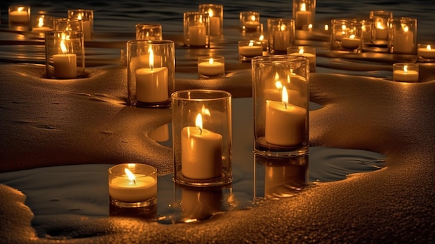 Candles are lit in the water and are lit up in the dark.