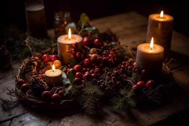 Candles are lit in a wreath with pine cones and berries generative ai