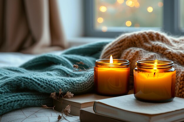 candles are sitting on a table next to a book and a blanket generative ai