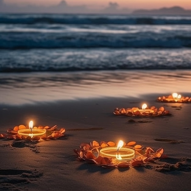 Candles on the beach at sunset