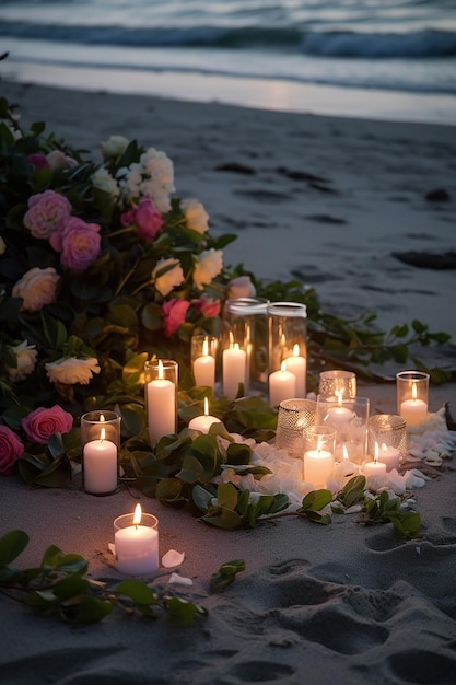 Candles on the beach with a bouquet of flowers
