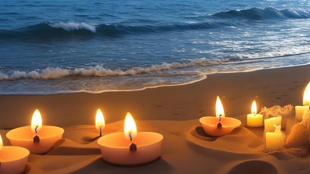 candles on the beach with the ocean in the background.