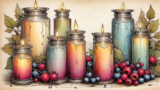 Photo candles and berries religious background