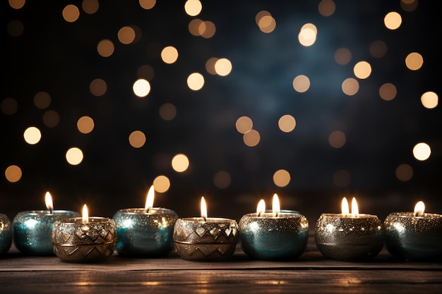 Candles on a blue background with bokeh Christmas