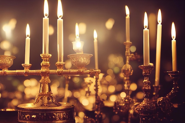 Candles burning on Menorah happy Hannukah