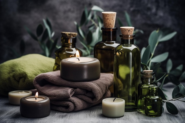 Candles, candles, and a bottle of oil sit on a table.