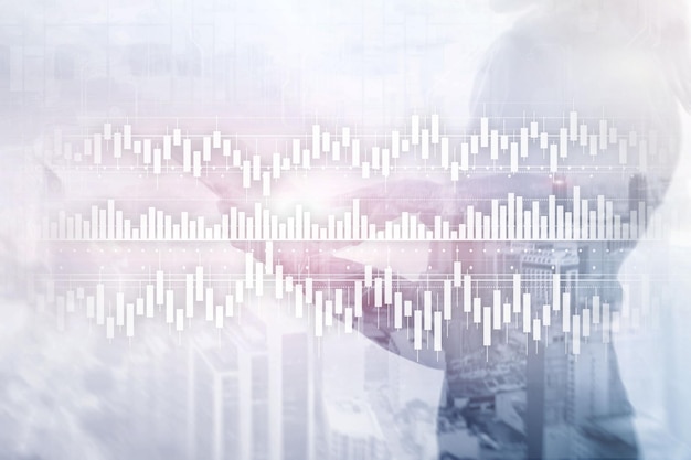 Candles chart diagram graph stock trading investment business finance concept mixed media double exposure virtual screen