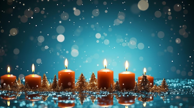 Candles and and Christmas trees on snowy ground with blue starry night sky and snow frost