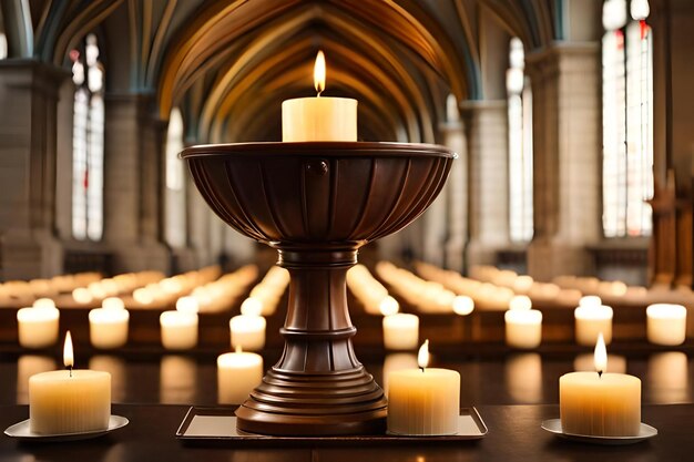 Foto candele in una chiesa con una candela al centro