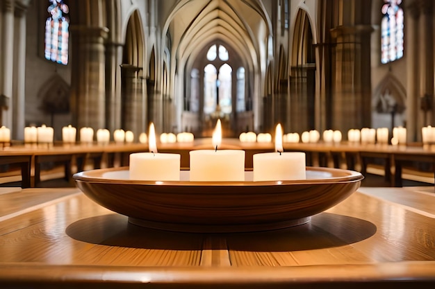 Foto candele in una chiesa con una chiesa sullo sfondo