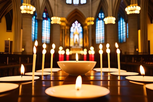 Foto candele in una chiesa con una candela accesa